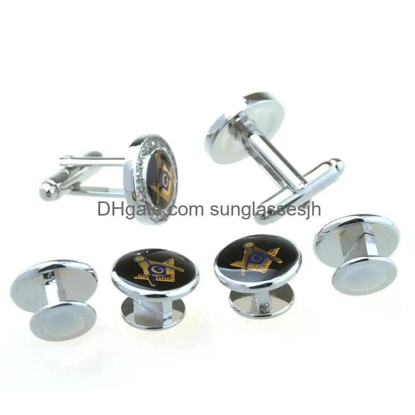 Freemason logo cufflink collar set with rhinestone enamel cufflinks, unisex style