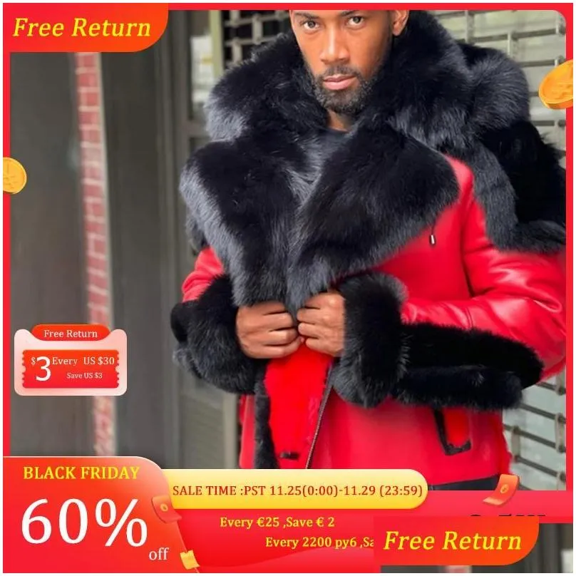 Men`S Fur & Faux Mens Leather Winter Jacket Thicken Veet Collar Hooded Zipper Color Block Work Fashion Red Men Drop Delivery Apparel C Dhbxn