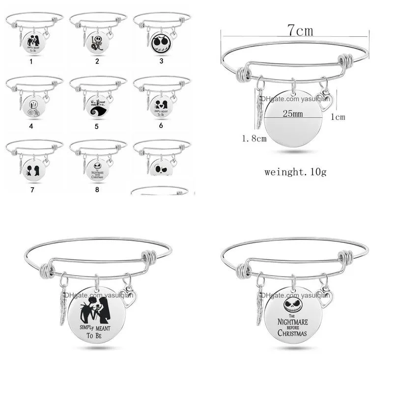 Charm Bracelets Nightmare Before Christmas For Women Men Skl Round Disc Stainless Steel Expandable Wire Bangle Fashion Jewelry Gift D Dhl3K