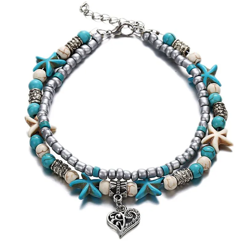 Conch starfish Yoga Anklet Tortoise charm Ankle chain Bracelet Double Beads Summer Beach fashion jewelry