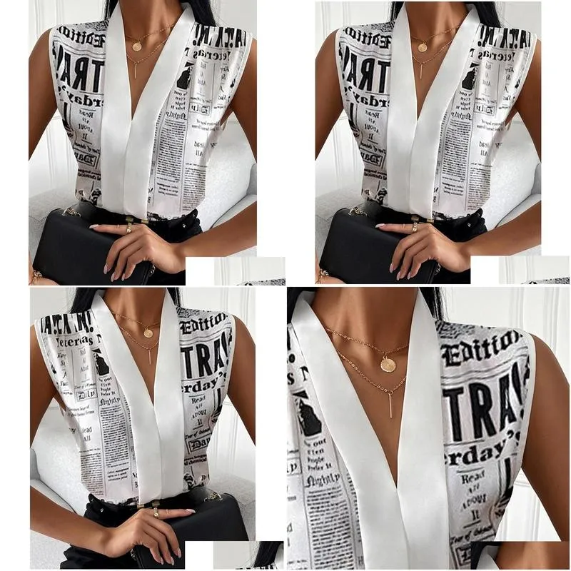 Women`S Blouses & Shirts Womens Women Summer Fashion Female Top Nespaper Print V Neck Long Sleevless Casual Blouse Tops Drop Delivery Dhbux