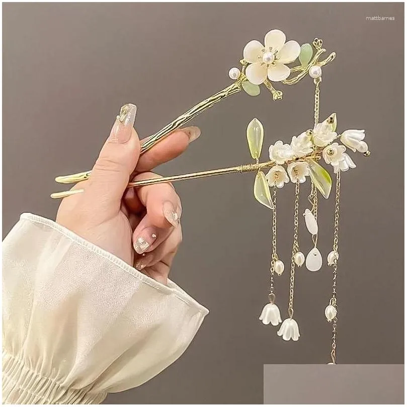 Hair Clips Pearl Tassel Step Shaking Hairpin Chopstick Stick Ancient Style Ornament Pan Headdress Flower Accessories