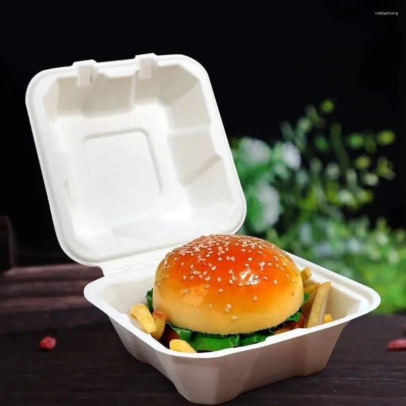 Take Out Containers 50 Pcs Disposable Bento Box Sugarcane Fiber Compostable Food Container 6 Inch Hamburger Microwave Universal
