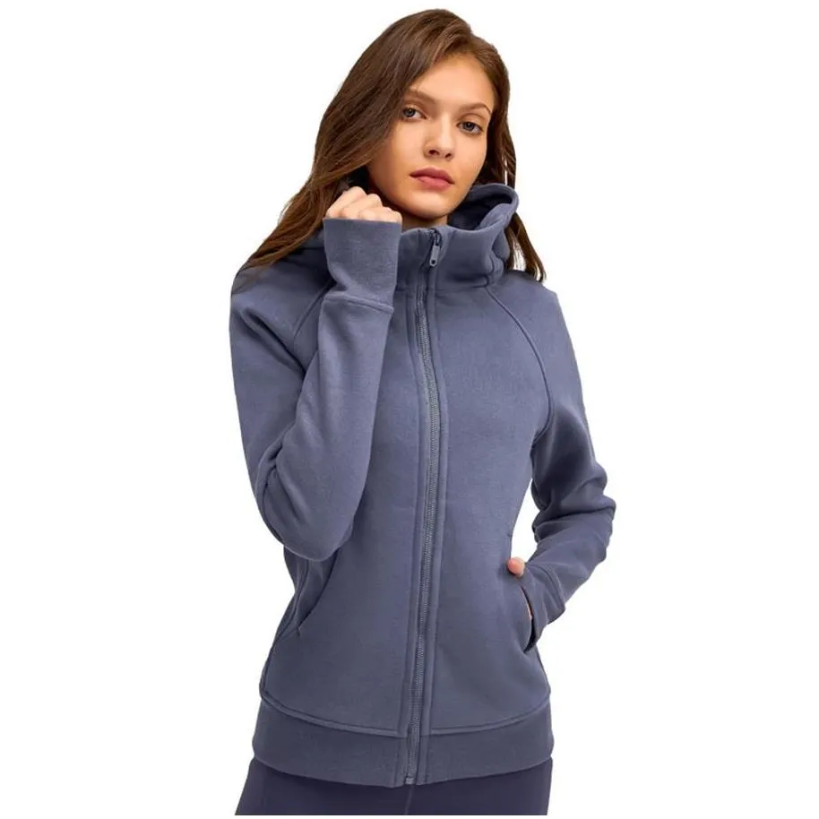 L-028 Cotton Blend Fleece Hoodies Yoga Tops Full Zip Hoodie Hip Length Classic Fit Sweatshirts Women Jacket Sports Hooded Top Gym 2663