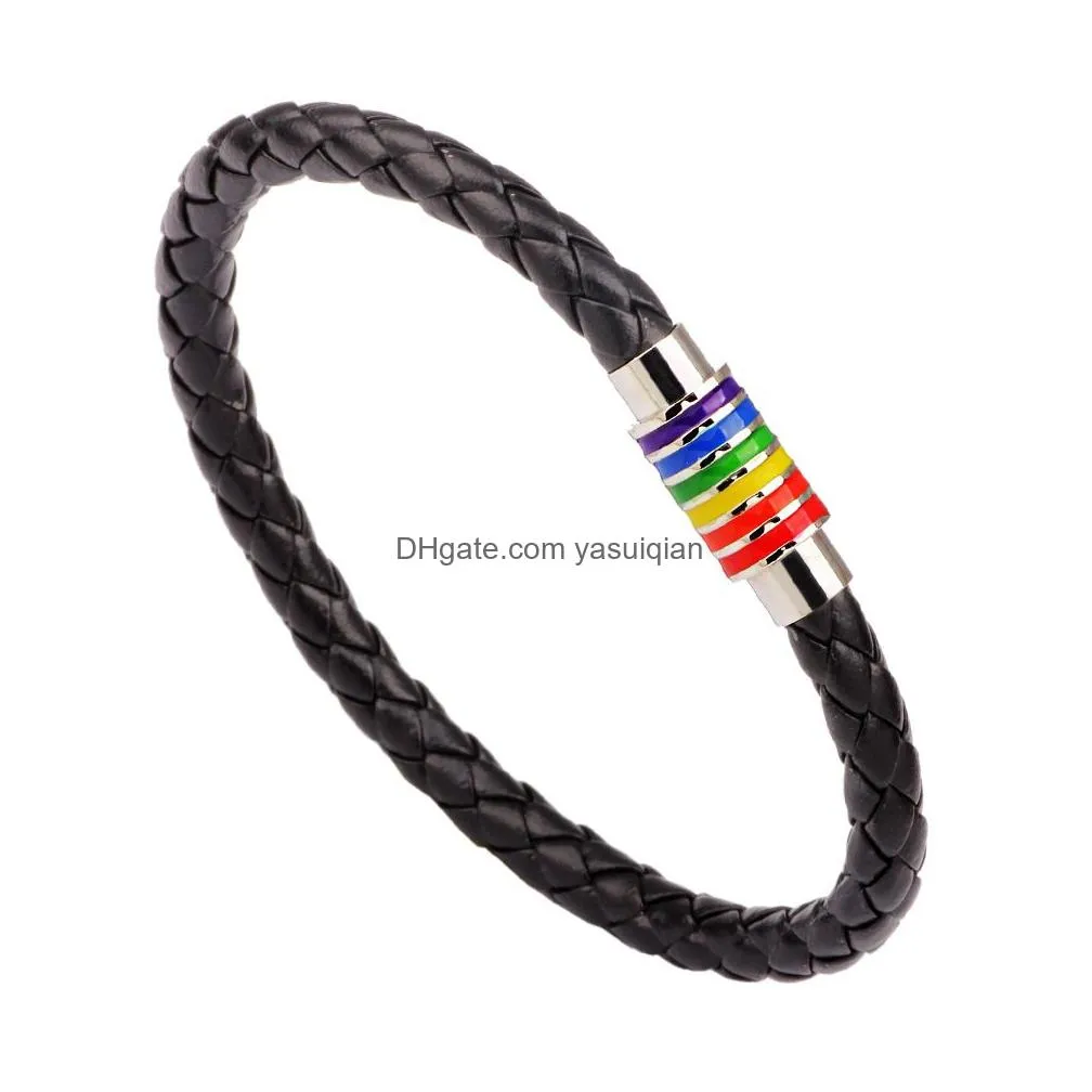 Charm Bracelets Genuine Leather Rainbow Lgbt Sign Wrap For Women Men Gay Lesbian Stainless Steel Magnetic Buckle Bangle Wristband Dro Dhhlf