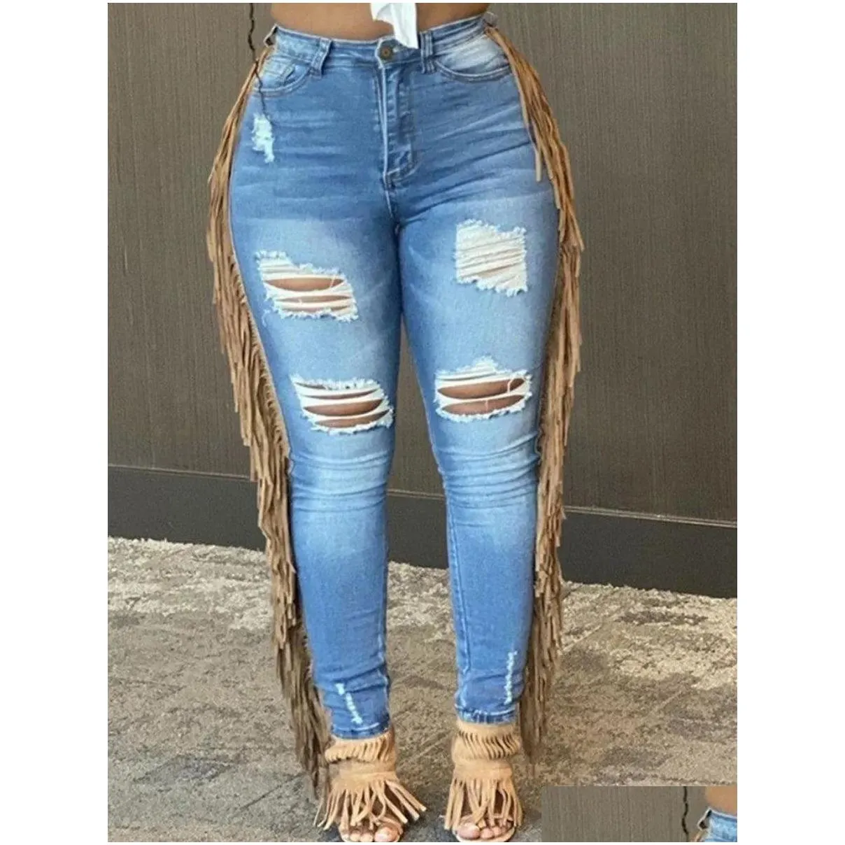 Women`S Plus Size Pants Lw Summer Jeans Tassel Design Ripped Skinny Ladies Y2K High Street Cargo Pants240318 Drop Delivery Apparel Otqo0