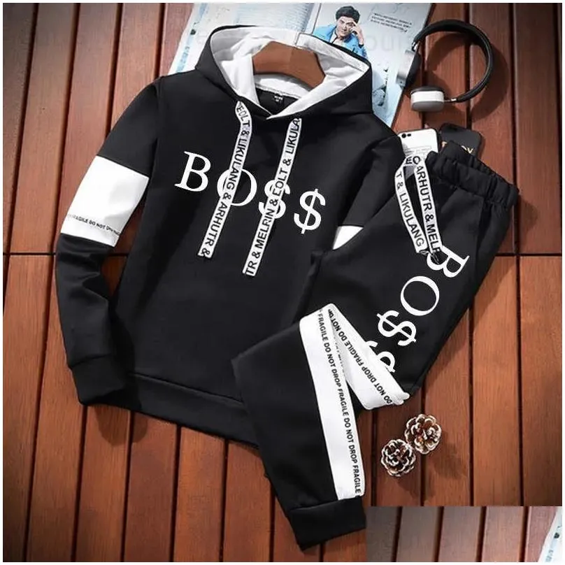 Men`s Tracksuits 2023 New Autumn and Winter Men`s Clothing Hoodies+Trousers Two Piece Set Letter Printing Tracksuit Sweatshirt Jogging Sweatpants