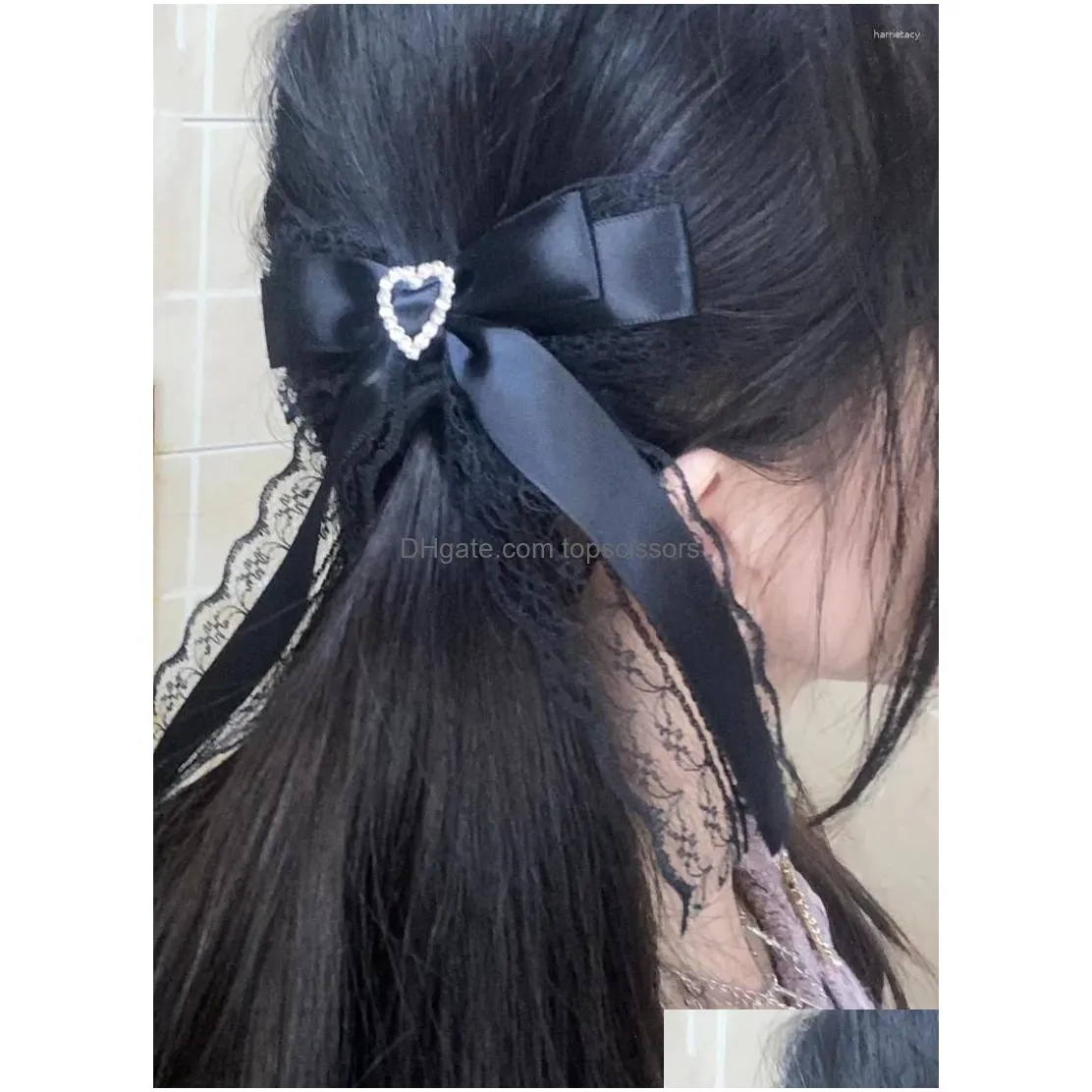 Hair Accessories Mine Japanese Style Bow Lace Love Heart-Shaped Hairpin Sweet Girls Side Clip Womens Rhinestone Brooch Hairclips Drop Dhom4