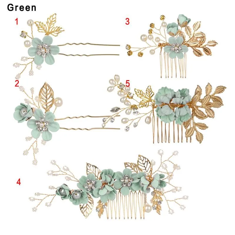 Hair Clips & Barrettes Sweet Bridal Wedding Pins Luxury Blue Pink Flower Combs Headdress Prom Accessories Gold Leaves JewelryHair