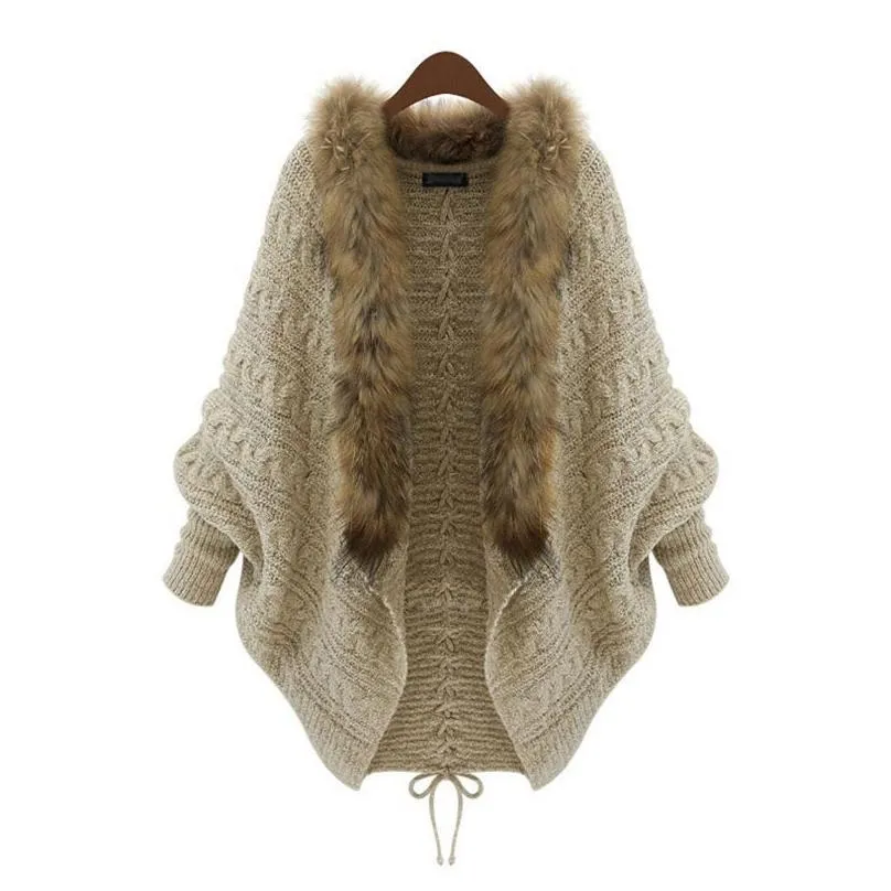 Women`S Sweaters Winter Women Cardigan Loose Sweater Faux Fur Collar Batwing Sleeve Knit Jacket Coats Casual Asian Size Drop Delivery Dhuc4