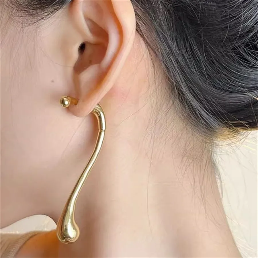 French Minimalist Water Drop Note Earrings For Women`s Light Luxury High-End Long Flowing Curves Party Fashion Charm Jewelry