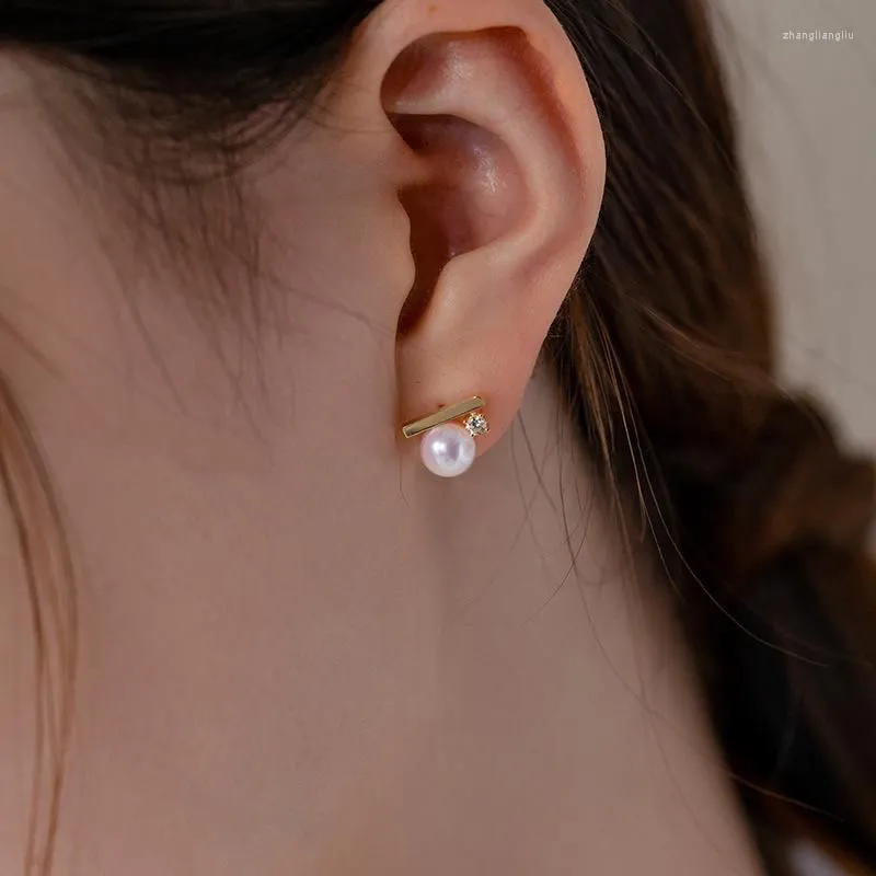 Stud Earrings S925 Silver Plated Balancing Wood Ear Nails Female Inlaid Zircon Simple Temperament All-match Pearl