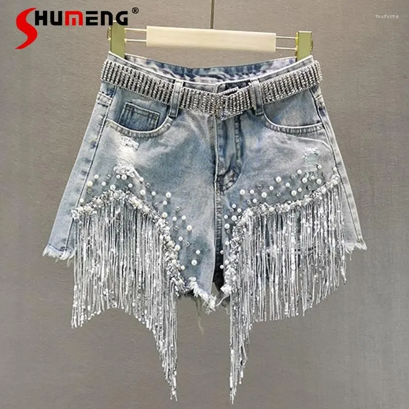 Women`s Jeans 2023 Spring Summer Denim Shorts For Women European High Waist Slim Bottom Ripped Beaded Fringed Wide Leg Short Pants