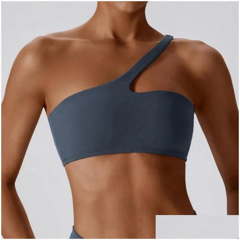 Yoga Outfit Women Soft Basic Quick Dry Compression Supportive Single Shoulder Sports Bra Sexy Solid Color Outdoor Workout Running