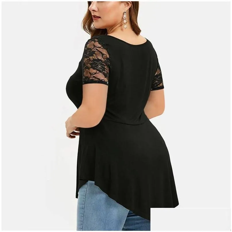 Women`S Plus Size T-Shirt Womens Elegant Black Lace Work Y Tops Women Short Sleeve Slim T Shirt Summer Irregar Fashion Clothing 2022 Dhxco