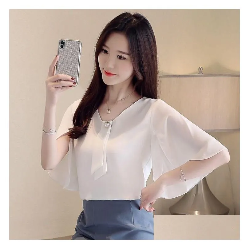 Women`S Blouses & Shirts Womens Spring Summer Style Chiffon Blouse Shirt Elegant V-Neck Ruffles Solid Color Short Sleeve Temperament Dhncq