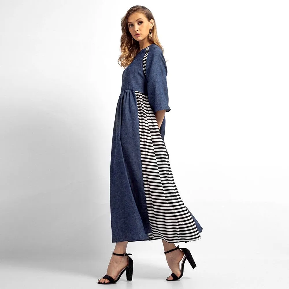 Women Striped Denim Long Dress Islamic Muslim Middle East Maxi Robe Dresses abayas for women hijab dress C30118