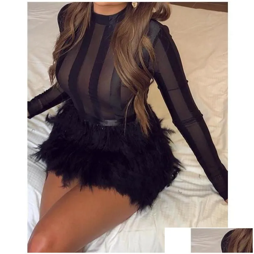 Basic & Casual Dresses Womens Feathers Design Dress Women Black Transparent Bodycon Autumn Y Night Club Party Slim Fit Drop Delivery Dhyps