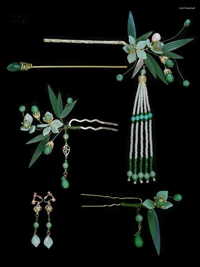 Hair Clips Chinese Bride Handmade Emerald Green Bamboo Leaf Han Costume Hairpins Wedding Accessories