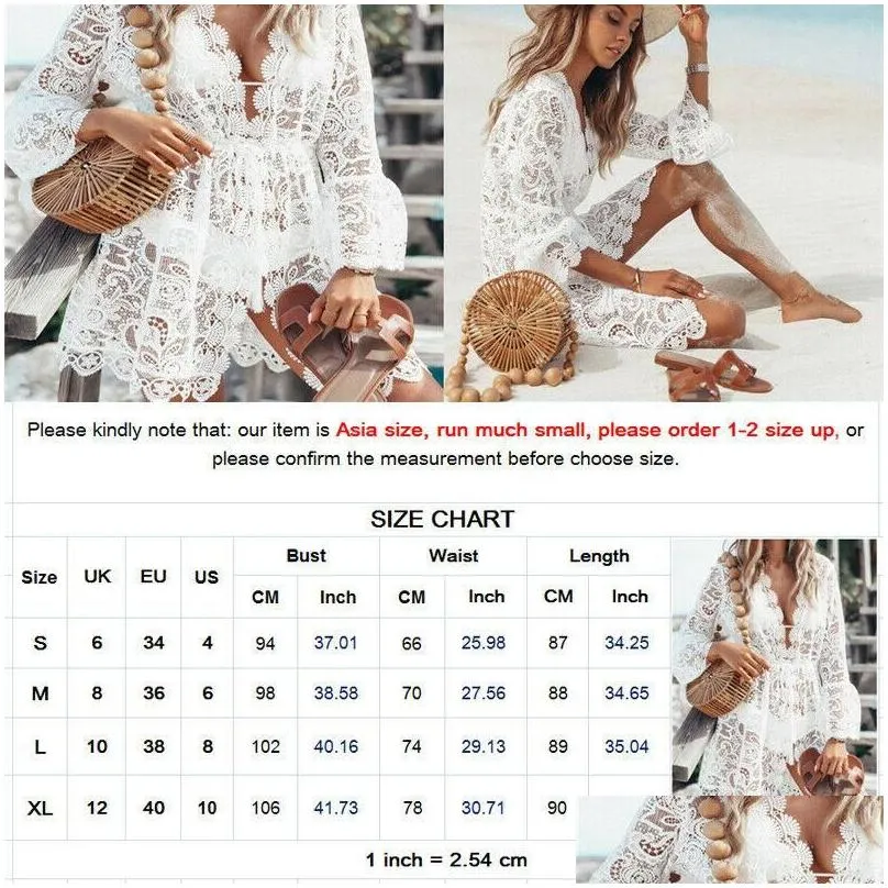 Basic & Casual Dresses Women Holiday Dress Y White Lace Hollow Out Beach Bikini Er Up Boho Party Sun Mini Deep-V Neck Sundress Drop D Dhabz