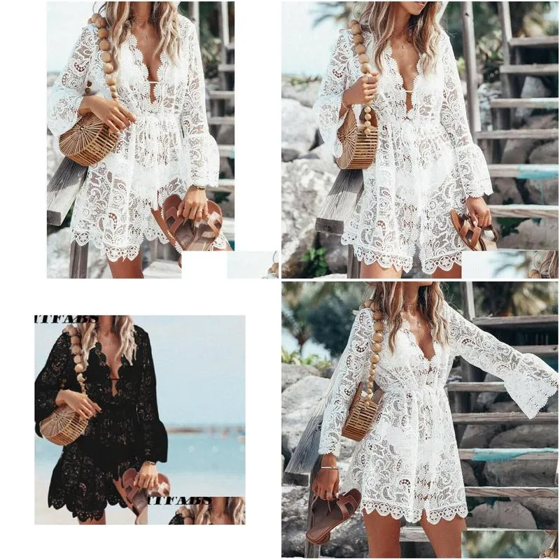 Basic & Casual Dresses Women Holiday Dress Y White Lace Hollow Out Beach Bikini Er Up Boho Party Sun Mini Deep-V Neck Sundress Drop D Dhabz