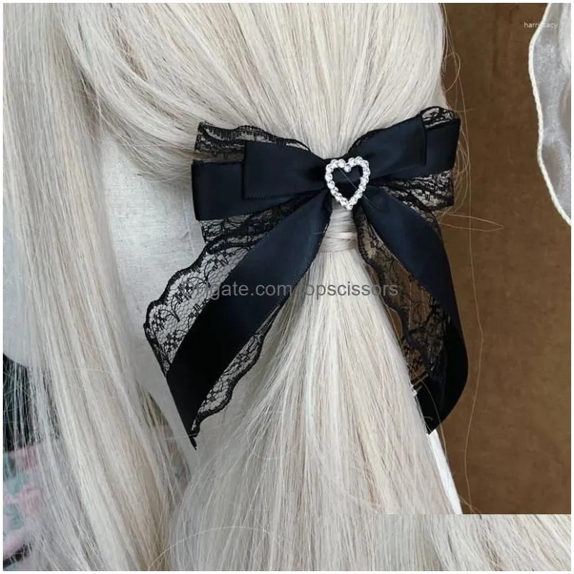 Hair Accessories Mine Japanese Style Bow Lace Love Heart-Shaped Hairpin Sweet Girls Side Clip Womens Rhinestone Brooch Hairclips Drop Dhom4
