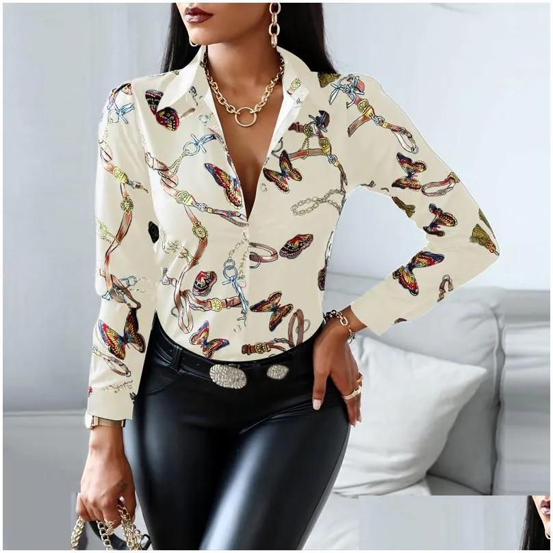 Women`S Blouses & Shirts Fashion Trend Women Slim V-Neck Shirt Y Contrast Color Long-Sleeved Top High-Waist Tight-Fitting Printing Sp Dhozy