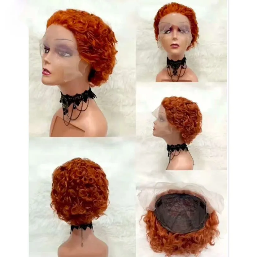 13x1 Pixie Curl Short Bob Lace Wigs Color #350 Brazilian Human Hair For Black Women High