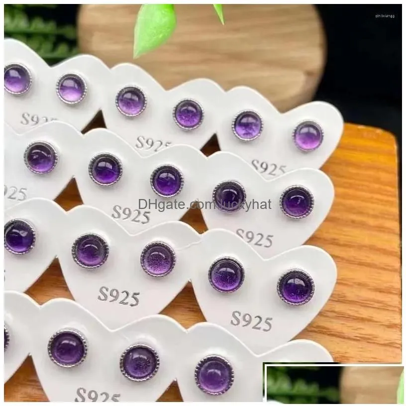 Stud Earrings 1 Pair Natural Amethyst Round For Women Healing Crystal Gem Elegant Party Jewelry Gift Drop Delivery Dh8Mb