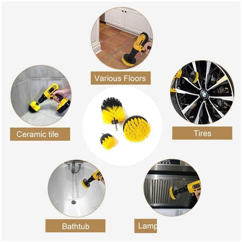 Car Wash Accessories & Appliances 3Pcs Set Electric Scrubber Brush Drill Kit Plastic Round Cleaning For Carpet Glass Car Tires Nylon B