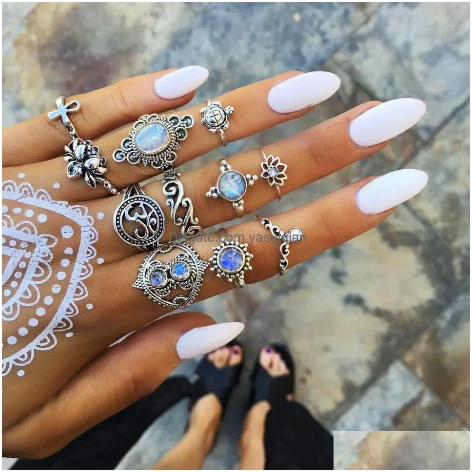 Cluster Rings Vintage Bohemian Midi Finger Set For Women Beach Turtle Elephant Gemstone Crystal Wedding Knuckle Boho Fashion Jewelry Dhfit