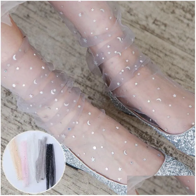 Women Shiny Star Mesh Socks Fashion Soft Transparent Elastic Short Socks Female Solid Color Cute Five-pointed Star Printed