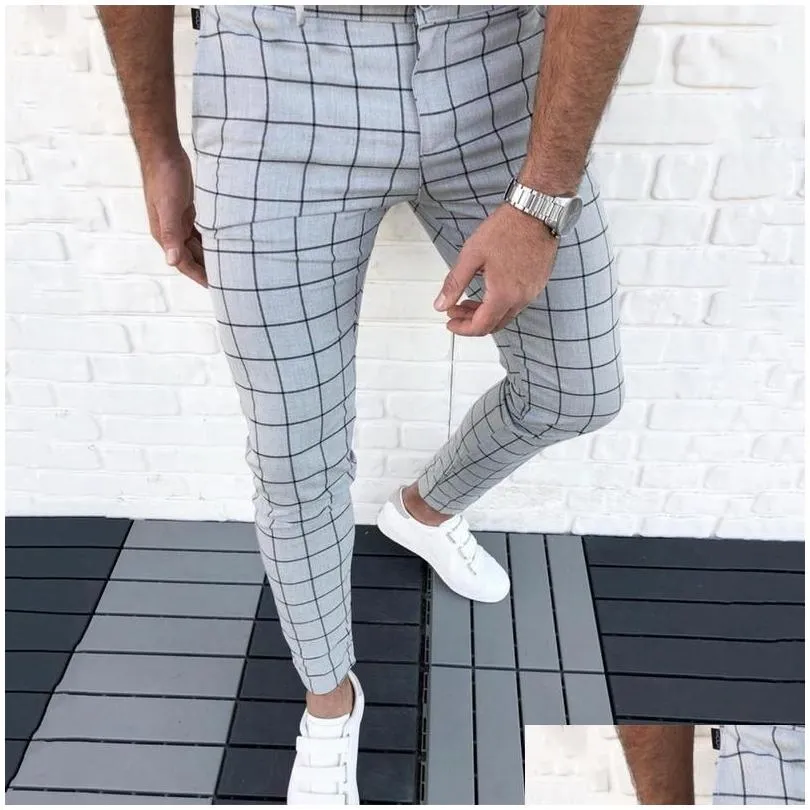 Men`S Pants Mens Smart Casual Fashion Clothing Plaid Pencil Thin Mid Waist Jogger Trousers For Men Drop Delivery Apparel Dh6Fl