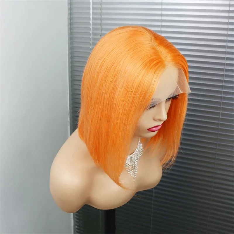 Orange Colored Lace Front 100% Human Hair Wigs Pre Plucked Straight Short Bob Wig for Black Women