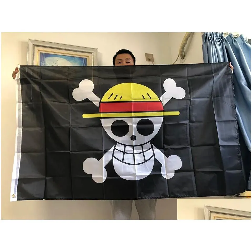 Banner Flags Luffy Flag Pirates Jolly Roger Monkey Skl With St Hat Polyester For Home Room Drop Delivery Garden Festive Party Supplies Otrjd