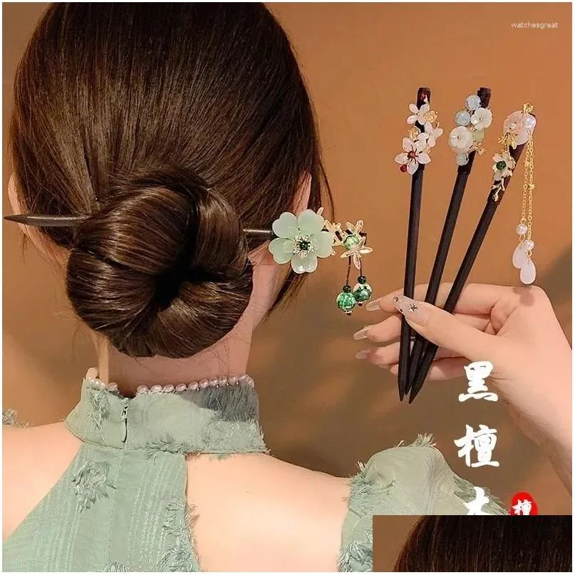 Hair Clips Vintage Woman Stick Chinese Style Flower Pearl Tassel Pin Handmade Black Wood Hairpin For Girls Hairstyle Accessories