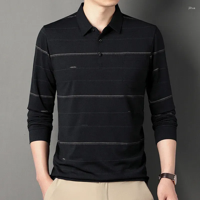 Men`s Polos Striped Polo Shirts Luxury Long Sleeve Spring And Autumn Solid Color Business Casual Male 3XL