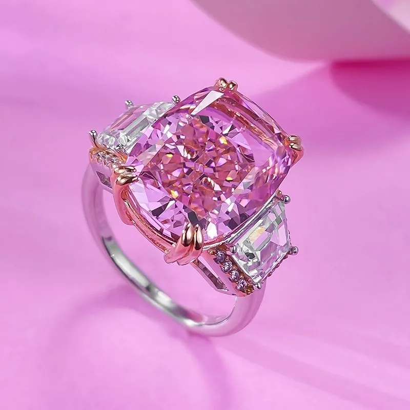 Luxury Cushion Cut 8ct Lab Pink Diamond Ring 100% Real 925 Sterling Silver Party Wedding Band Rings for Women Engagement Jewelry