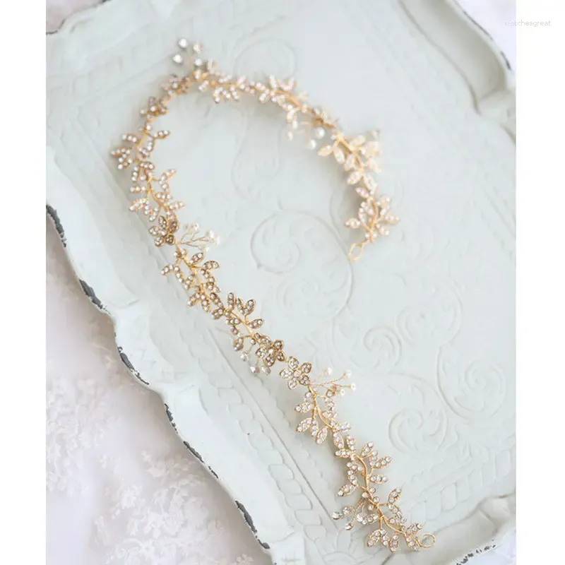 Hair Clips Shiny Rhinestone Flower Bridal Headband Gold Color Leaf Band Vine Wedding Headpiece Jewelry