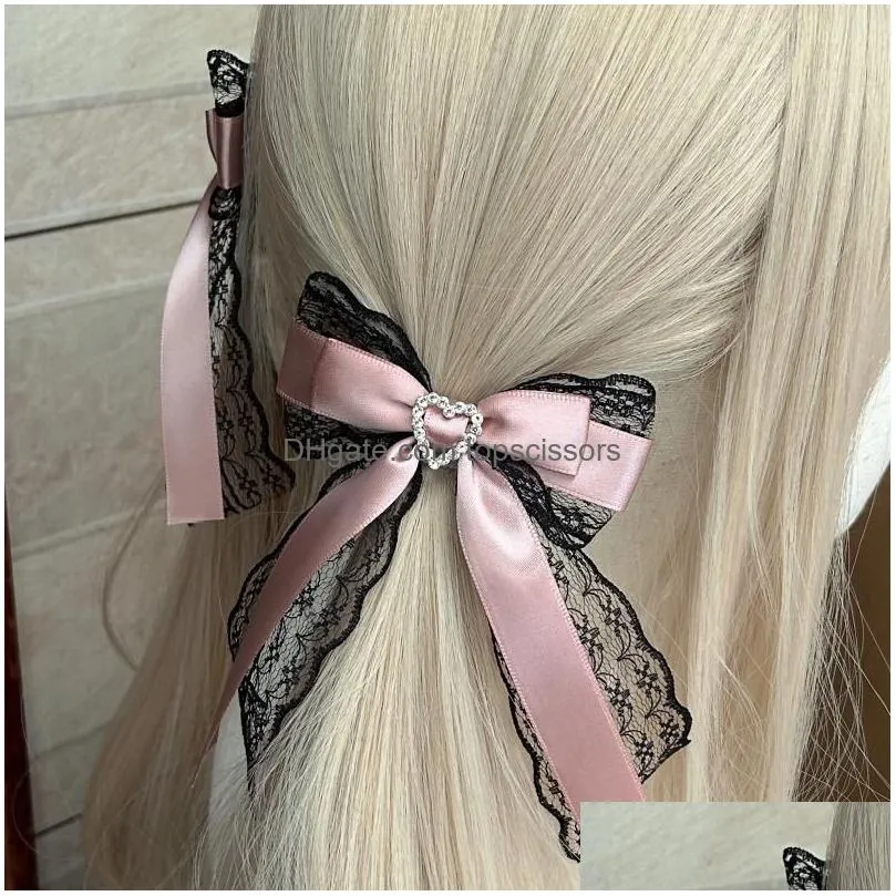 Hair Accessories Mine Japanese Style Bow Lace Love Heart-Shaped Hairpin Sweet Girls Side Clip Womens Rhinestone Brooch Hairclips Drop Dhom4