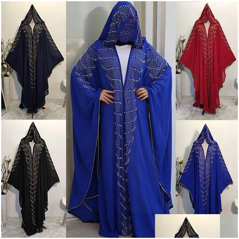 Ethnic Clothing Siskakia Rhinestone Pearl Bat Sleeve Abaya Dress Outsize New Islamic Dubai Arabian Muslim Dressing Gowns Eid Outfits Dh2Nz