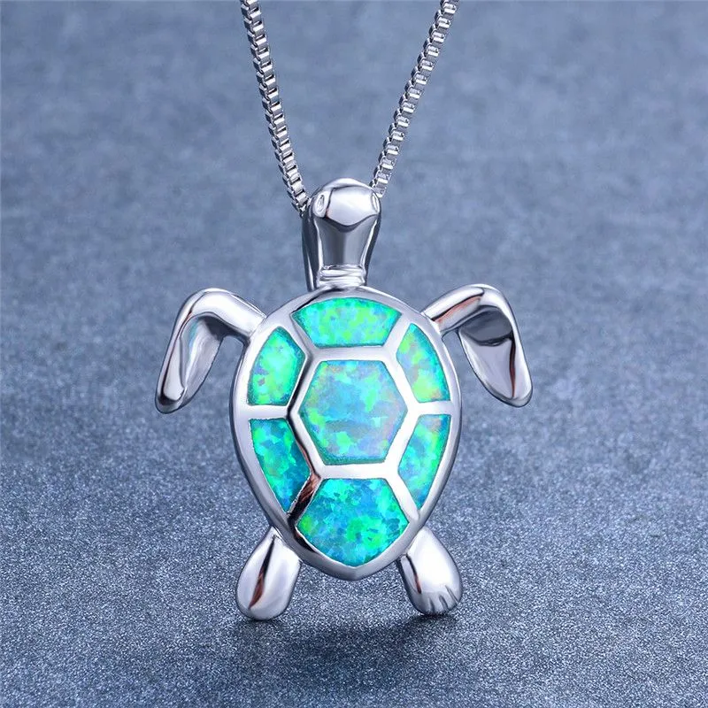 Boho Fashion Female Blue White Green Fire Opal Necklace 925 Sterling Silver Necklace Big Turtle Pendants Necklaces For Women