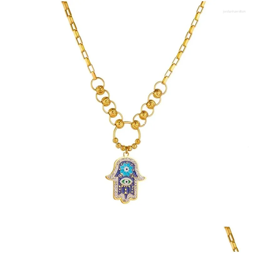 Pendant Necklaces MEYRROYU Hamsa Hand Dark Blue Enamel Necklace Fashion Zircon Inlay Lucky Neck Chain Jewelry Accessories For Women