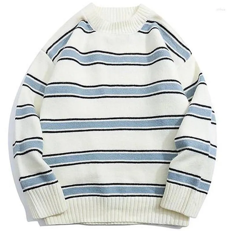 Men`s Sweaters Striped Harajuku Oversized Sweater 2024 Autumn Japanese Style Round Neck Spliced Color Loose Couples Hip Hop Knitted