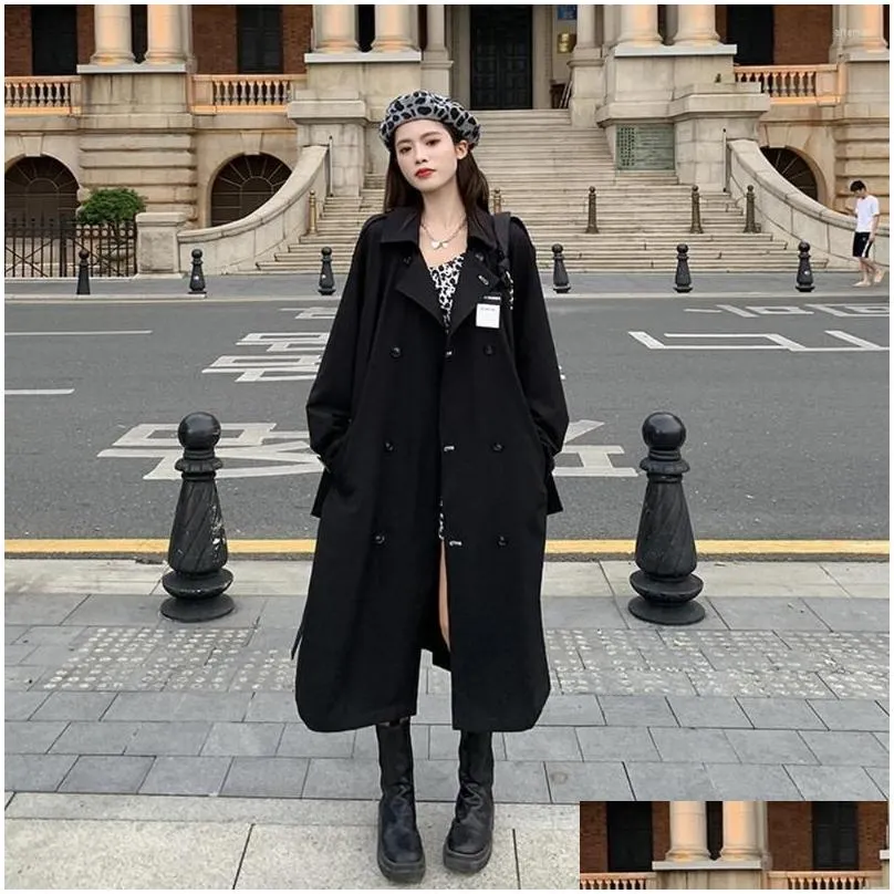 Women`s Trench Coats Harajuku Style Black Long Women Coat With Belt Autumn Winter Turn Down Collar Women`s Appliques Windbreaker