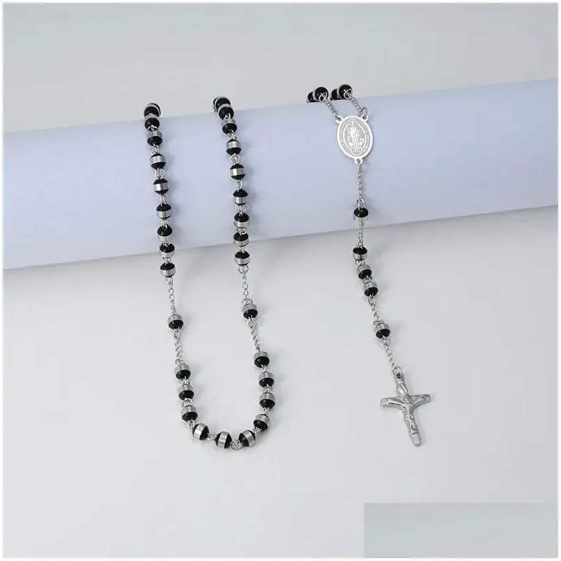 Pendant Necklaces Fine4U Stainless Steel Rosary White Black Beads Necklace Catholic With Metal Virgin Mary Jesus Crucifix Drop Deliv Ottu1