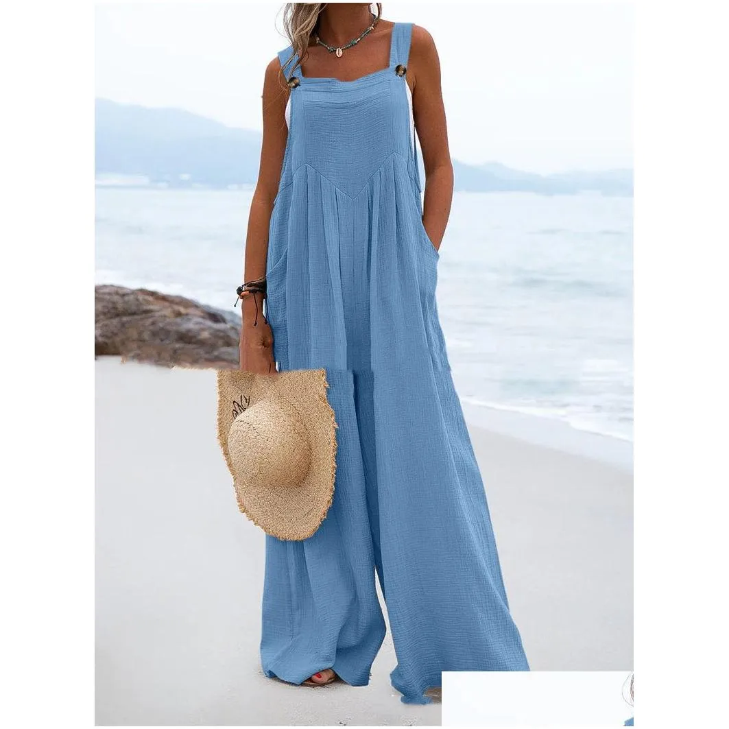 Women`S Jumpsuits & Rompers Designer New Woman Solid Strap Wide Leg Pants Pockets Romper Casual Summer Sleeveless Fashion Loose Dunga Dhkct