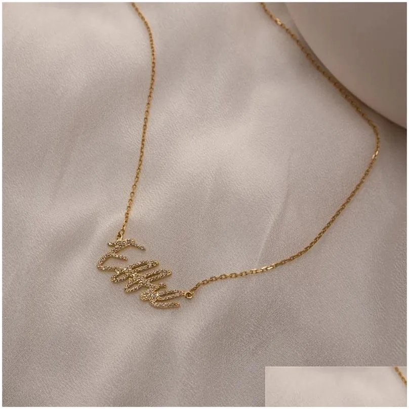 Pendant Necklaces Diamond Name Necklace Custom Handwritten Personalized Crystal For Women Zirconia Gifts 220716 Drop Delivery Jewelry Dhgr5