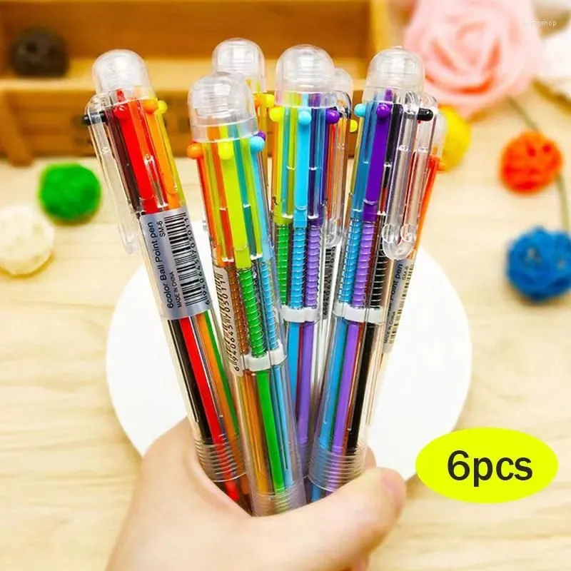 wholesale 6Pcs Markers Ballpoint Pens Korean Creative Stationery Colourful Children`s School Supplies 6 Colours In One Pen