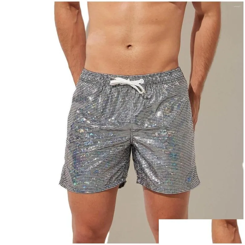 Men`s Shorts Trend Breathable Shiny Metallic Print Loose Beach Pants Drawstring Casual Sweatpants